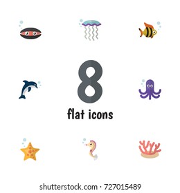 Flat Icon Nature Set Of Medusa, Sea Star, Scallop And Other Vector Objects. Also Includes Starfish, Dolphin, Squid Elements.