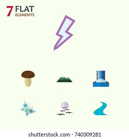 Flat Icon Nature Set Of Peak, Tributary, Lightning And Other Vector Objects. Also Includes Pinnacle, Gull, Peak Elements.