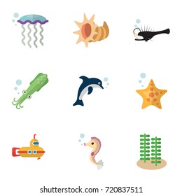 Flat Icon Nature Set Of Sea Star, Fish, Playful Fish And Other Vector Objects. Also Includes Spirulina, Jellyfish, Dolphin Elements.