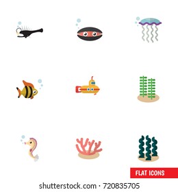Flat Icon Nature Set Of Seafood, Algae, Hippocampus And Other Vector Objects. Also Includes Sea, Submarine, Algae Elements.