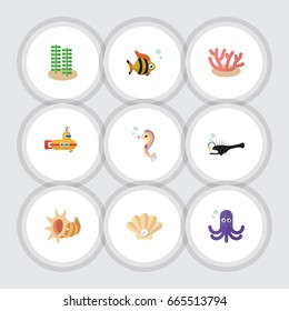 Flat Icon Nature Set Of Seaweed, Seashell, Fish And Other Vector Objects. Also Includes Squid, Scallop, Underwater Elements.