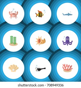 Flat Icon Nature Set Of Shark, Fish, Seashell And Other Vector Objects. Also Includes Conch, Lobster, Shark Elements.