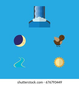 Flat Icon Nature Set Of Solar, Bird, Half Moon And Other Vector Objects. Also Includes Estuary, Wing, Bird Elements.