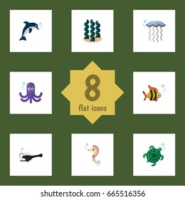 Flat Icon Nature Set Of Tentacle, Playful Fish, Fish And Other Vector Objects. Also Includes Hippocampus, Spirulina, Alga Elements.