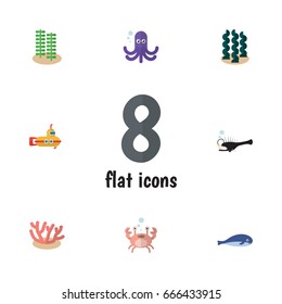 Flat Icon Nature Set Of Tentacle, Cancer, Seaweed And Other Vector Objects. Also Includes Underwater, Angler, Fish Elements.