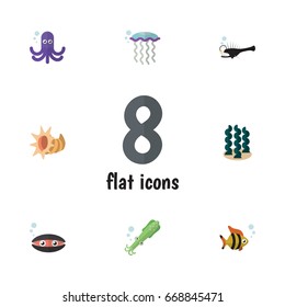 Flat Icon Nature Set Of Tentacle, Scallop, Fish And Other Vector Objects. Also Includes Melanocetus, Underwater, Octopus Elements.