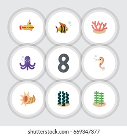 Flat Icon Nature Set Of Tentacle, Periscope, Seashell And Other Vector Objects. Also Includes Octopus, Seashell, Periscope Elements.