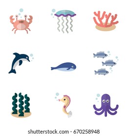 Flat Icon Nature Set Of Tentacle, Tuna, Medusa And Other Vector Objects. Also Includes Spirulina, Dolphin, Coral Elements.