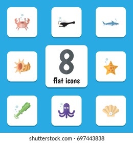 Flat Icon Nature Set Of Tentacle, Fish, Conch And Other Vector Objects. Also Includes Starfish, Cancer, Conch Elements.