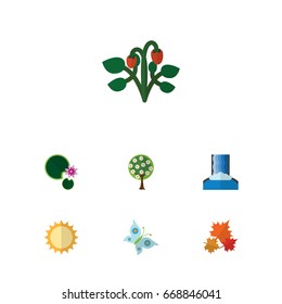 Flat Icon Nature Set Of Tree, Solar, Lotus And Other Vector Objects. Also Includes Lily, Waterfall, Canadian Elements.