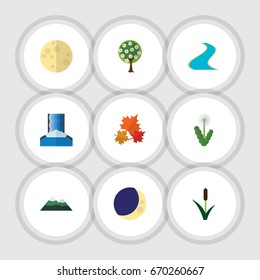 Flat Icon Nature Set Of Tree, Canadian, Floral And Other Vector Objects. Also Includes Tributary, River, Midnight Elements.