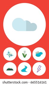 Flat Icon Nature Set Of Tributary, Peak, Overcast And Other Vector Objects. Also Includes Lake, Pond, Floral Elements.