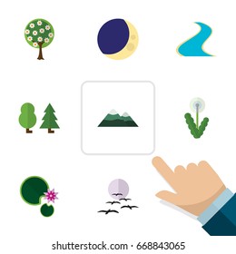 Flat Icon Nature Set Of Tributary, Forest, Lotus And Other Vector Objects. Also Includes Bird, Crescent, Midnight Elements.