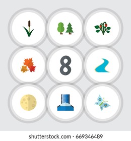 Flat Icon Nature Set Of Tributary, Cascade, Forest And Other Vector Objects. Also Includes Moon, Butterfly, Berry Elements.