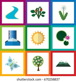 Flat Icon Nature Set Of Tributary, Lotus, Berry And Other Vector Objects. Also Includes Cascade, Fruit, Lotus Elements.