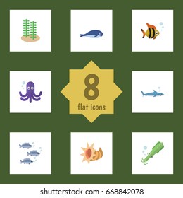 Flat Icon Nature Set Of Tuna, Seaweed, Cachalot And Other Vector Objects. Also Includes Octopus, Cockleshell Elements.
