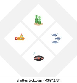 Flat Icon Nature Set Of Tuna, Seaweed, Periscope And Other Vector Objects. Also Includes Underwater, Periscope, Seafood Elements.