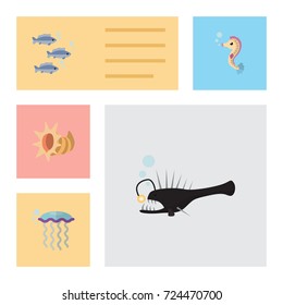 Flat Icon Nature Set Of Tuna, Medusa, Seashell And Other Vector Objects. Also Includes Sea, Fish, Scallop Elements.