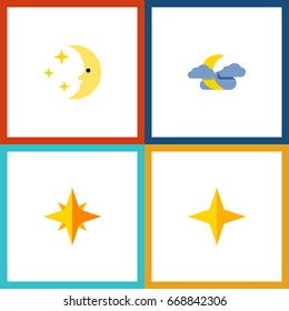 Flat Icon Night Set Of Asterisk, Star, Midnight And Other Vector Objects. 