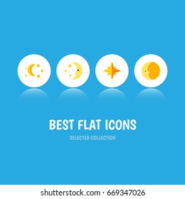 Flat Icon Night Set Of Asterisk, Lunar, Nighttime And Other Vector Objects. Also Includes Twilight, Star, Sky Elements.