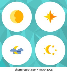 Flat Icon Night Set Of Asterisk, Bedtime, Lunar And Other Vector Objects. Also Includes Sky, Asterisk, Star Elements.