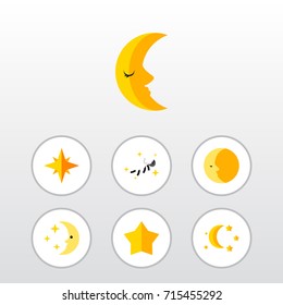Flat Icon Night Set Of Asterisk, Bedtime, Starlet And Other Vector Objects. Also Includes Asterisk, Moon, Nighttime Elements.