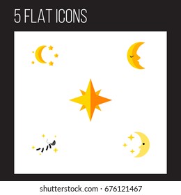 Flat Icon Night Set Of Bedtime, Asterisk, Nighttime And Other Vector Objects. Also Includes Crescent, Midnight, Lunar Elements.