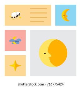 Flat Icon Night Set Of Lunar, Moon, Star And Other Vector Objects. Also Includes Night, Crescent, Asterisk Elements.