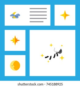 Flat Icon Night Set Of Midnight, Star, Lunar And Other Vector Objects. Also Includes Cloud, Asterisk, Night Elements.