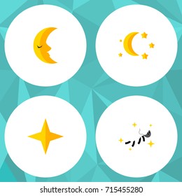 Flat Icon Night Set Of Moon, Night, Bedtime And Other Vector Objects. Also Includes Night, Crescent, Lunar Elements.