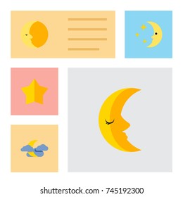 Flat Icon Night Set Of Moon, Starlet, Midnight And Other Vector Objects. Also Includes Night, Cloud, Asterisk Elements.