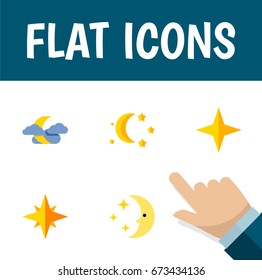 Flat Icon Night Set Of Star, Bedtime, Midnight And Other Vector Objects. Also Includes Moon, Nighttime, Sky Elements.