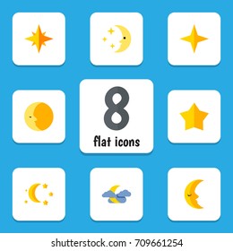Flat Icon Night Set Of Star, Starlet, Midnight And Other Vector Objects. Also Includes Twilight, Star, Asterisk Elements.