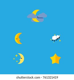 Flat Icon Night Set Of Starlet, Night, Moon And Other Vector Objects. Also Includes Midnight, Asterisk, Sky Elements.