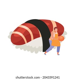 Flat icon with nigiri sushi and human character holding red caviar vector illustration
