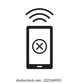 Flat icon of no cellular connection or internet signal on smart phone or mobile phone for apps and websites. Vector illustration isolated on white background