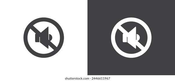 Flat Icon of No loudspeaker, Vector illustration of crossed out circular no traffic sign with sound icon inside. No horn symbol. No loud sound symbol icon in black and white background.