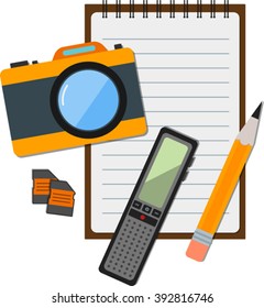 Flat icon of notepad with journalistic items. Eps 10