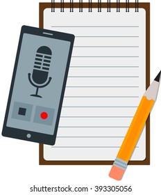 Flat icon of notepad with pencil and smartphone. Eps 10