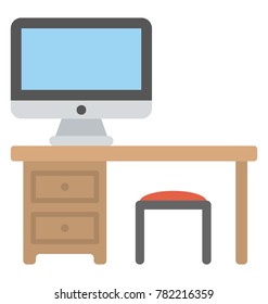 Flat icon of an office with a desk, stool and a laptop