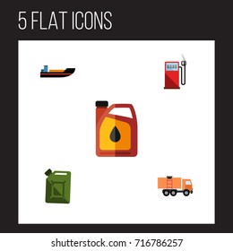 Flat Icon Oil Set Of Jerrycan, Van, Fuel Canister And Other Vector Objects. Also Includes Transport, Ship, Boat Elements.