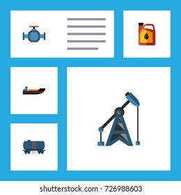 Flat Icon Oil Set Of Jerrycan, Boat, Flange And Other Vector Objects. Also Includes Rig, Transport, Valve Elements.