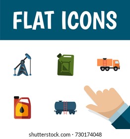 Flat Icon Oil Set Of Rig, Jerrycan, Van And Other Vector Objects. Also Includes Oil, Container, Pump Elements.