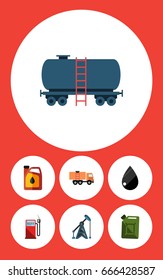 Flat Icon Oil Set Of Van, Fuel Canister, Droplet And Other Vector Objects. Also Includes Drop, Petrol, Pump Elements.