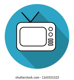 Flat icon old TV in blue circle with long shadow. Vector illustration. TV logo icon.