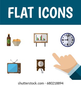 Flat Icon Oneday Set Of Beer With Chips, Television, Whiteboard And Other Vector Objects. Also Includes Whiteboard, Chips, Clock Elements.