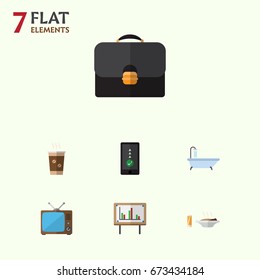 Flat Icon Oneday Set Of Briefcase, Cappuccino, Whiteboard And Other Vector Objects. Also Includes Cappuccino, Television, Suitcase Elements.
