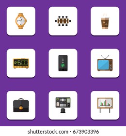 Flat Icon Oneday Set Of Briefcase, Television, Bureau And Other Vector Objects. Also Includes Alarm, Timer, Coffee Elements.