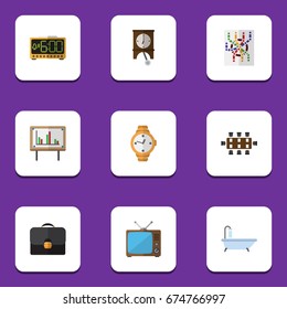 Flat Icon Oneday Set Of Briefcase, Television, Boardroom And Other Vector Objects. Also Includes Alarm, Time, Presentation Elements.