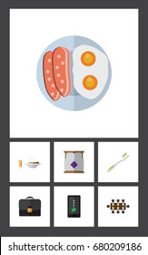 Flat Icon Oneday Set Of Briefcase, Dental, Fried Egg And Other Vector Objects. Also Includes Pasta, Toothbrush, Bed Elements.